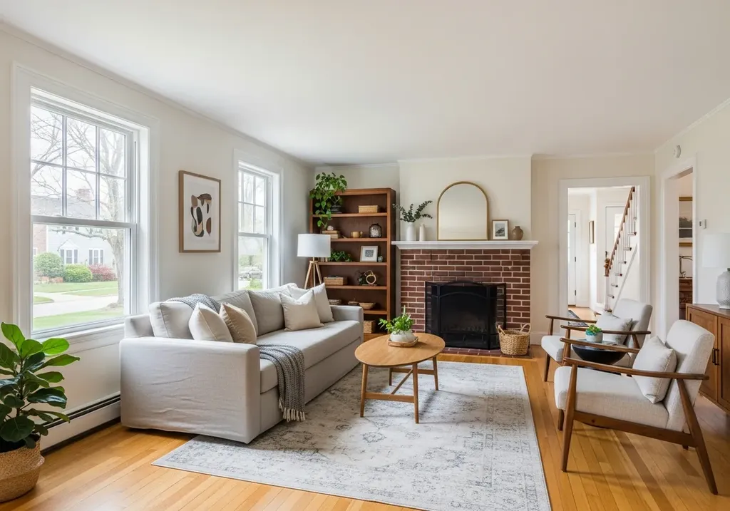 A New England living room reimagined to a brighter, warmer taste